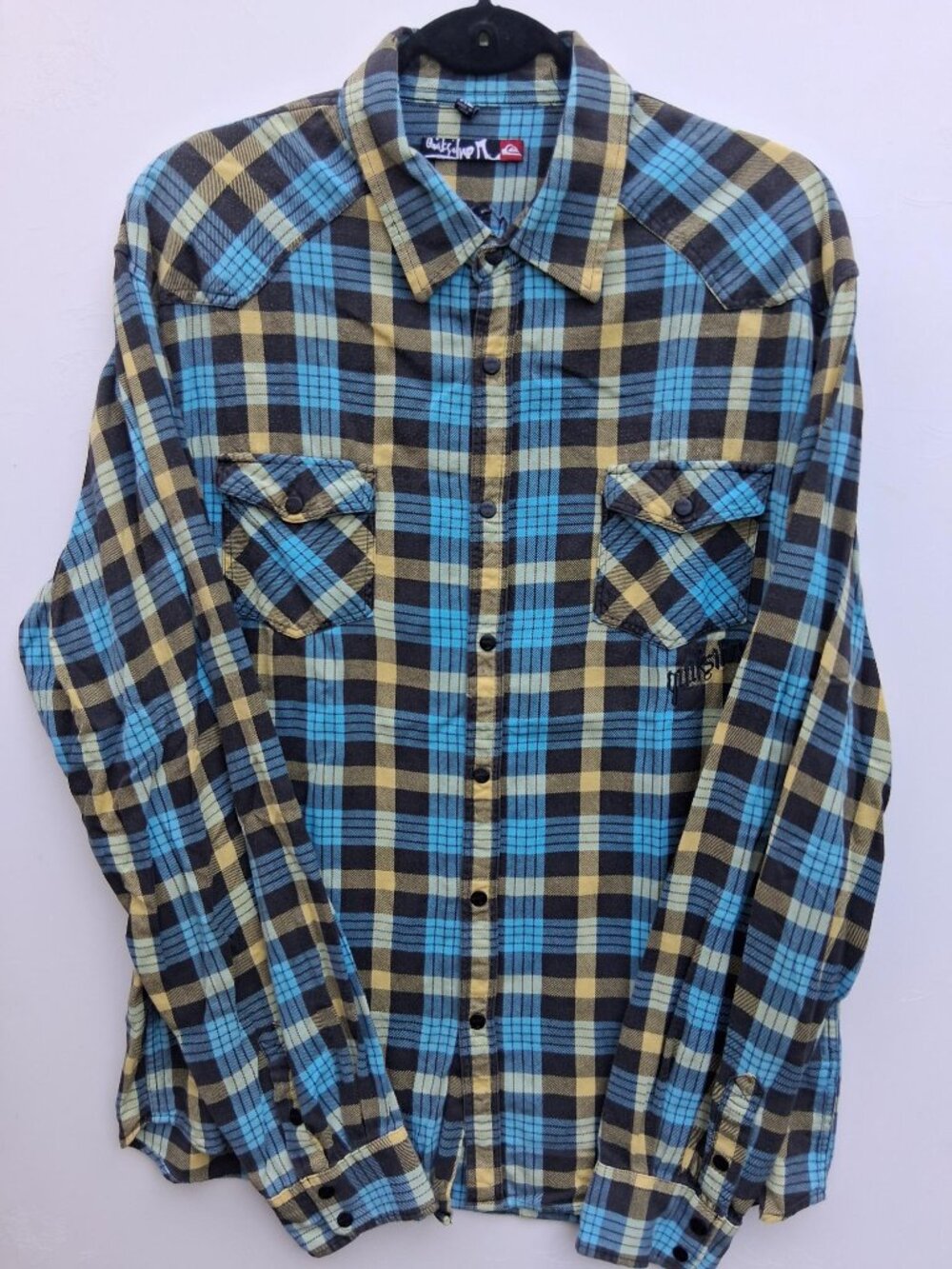 QUICKSILVER men's tartan plaid flannel long-sleeve shirt, blue-yellow (size XL)
